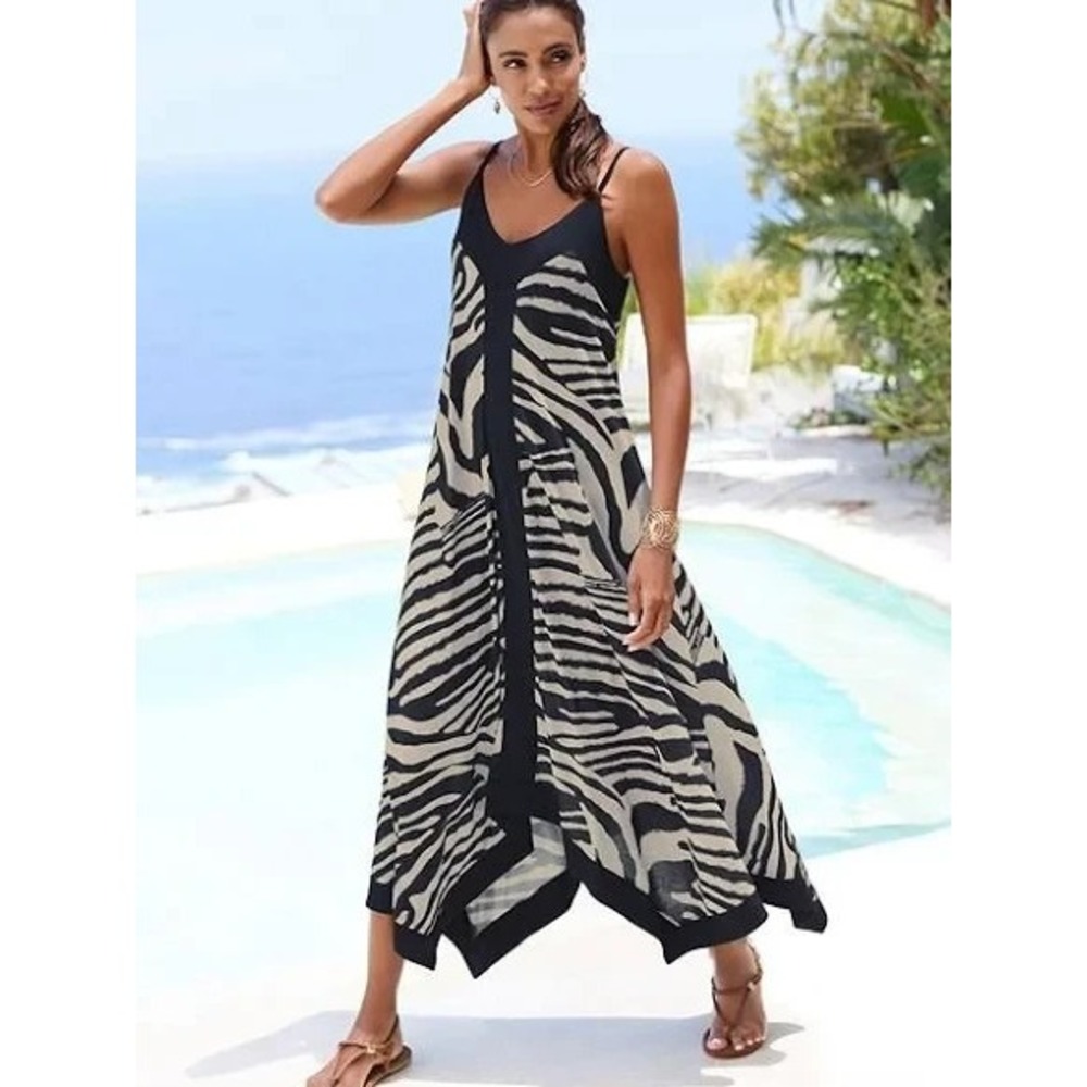 Lascna Color Block Trim Zebra Print Maxi Dress Womens 4 Navy/Ivory NWT